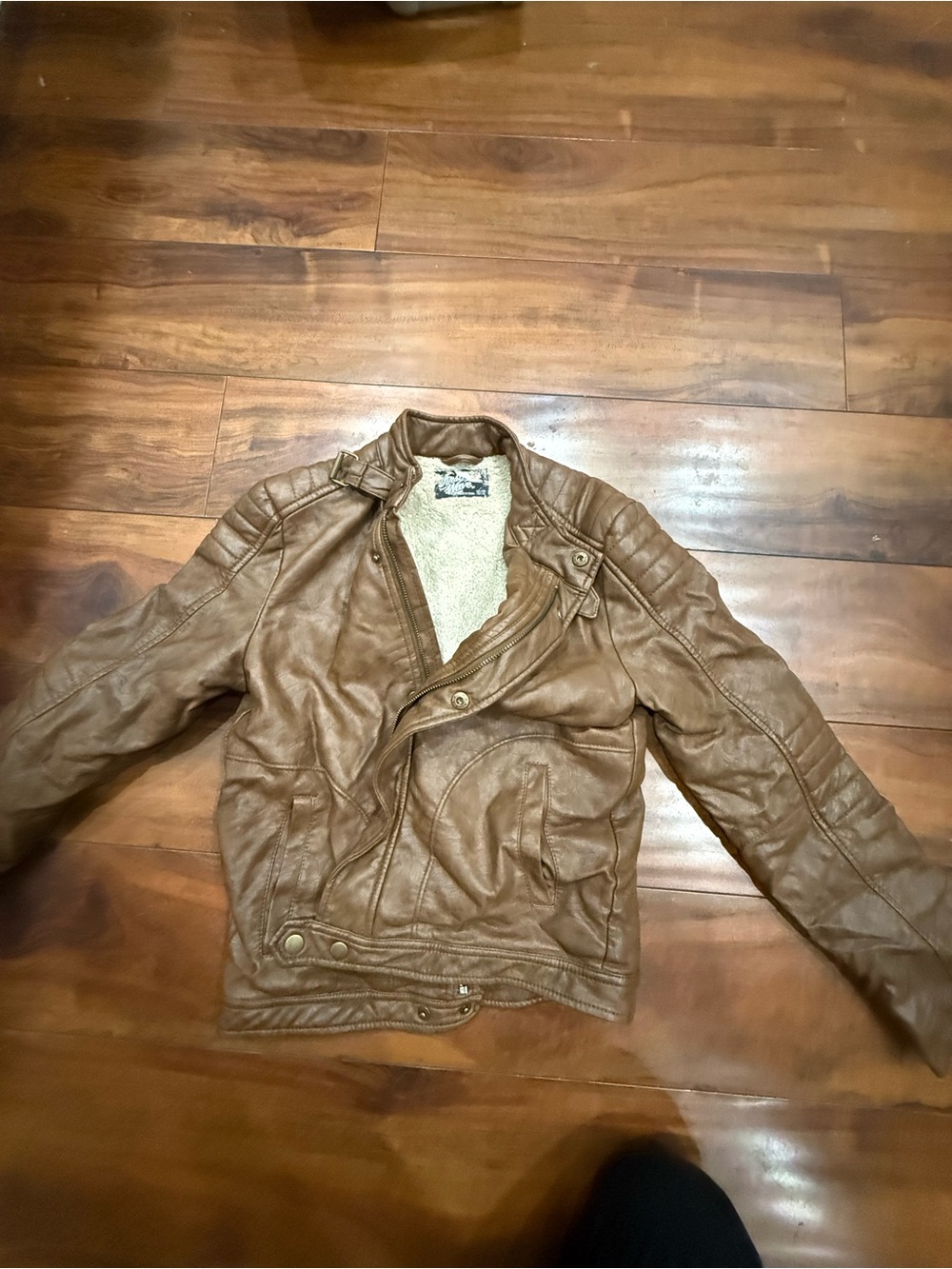 First Wave Tan Faux Leather Kids Bomber Jacket with Quilted Shoulders